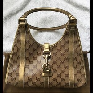 Gucci Gold and Brown Monogram Shoulder Bag shiny glaze 100% authentic